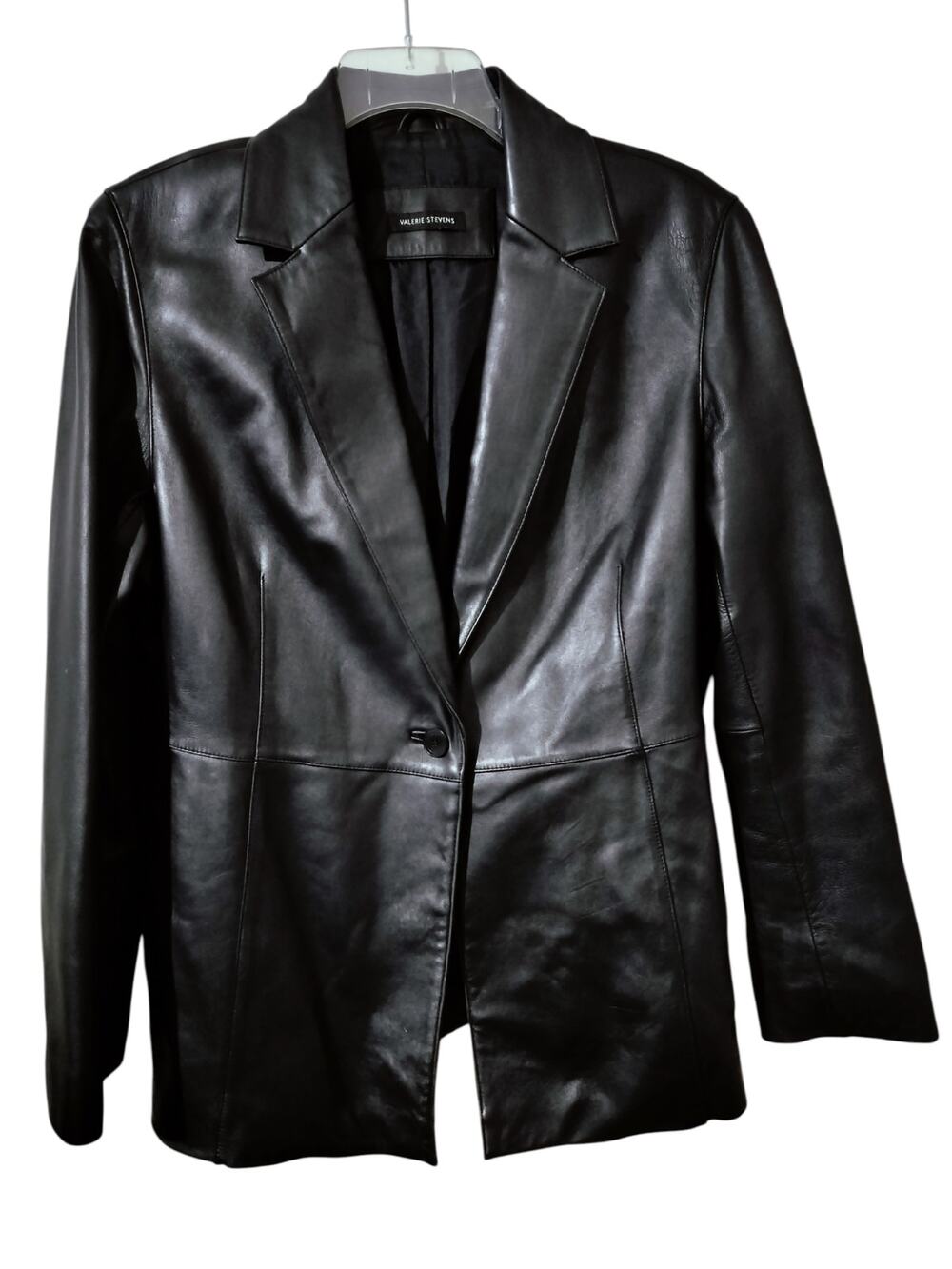 5866) Vintage Valerie Stevens Black Single Button Classic Leather Jacket XL